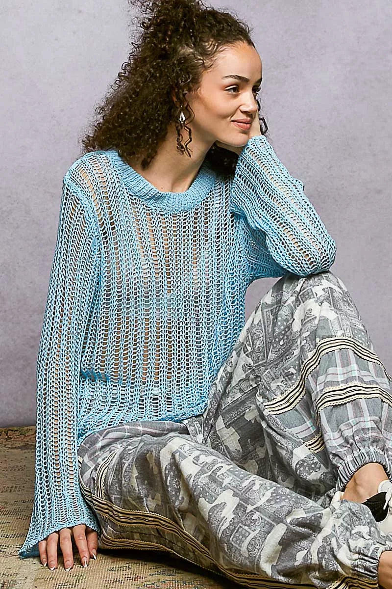POL Powder Blue Openwork Round Neck Knit Cover Up