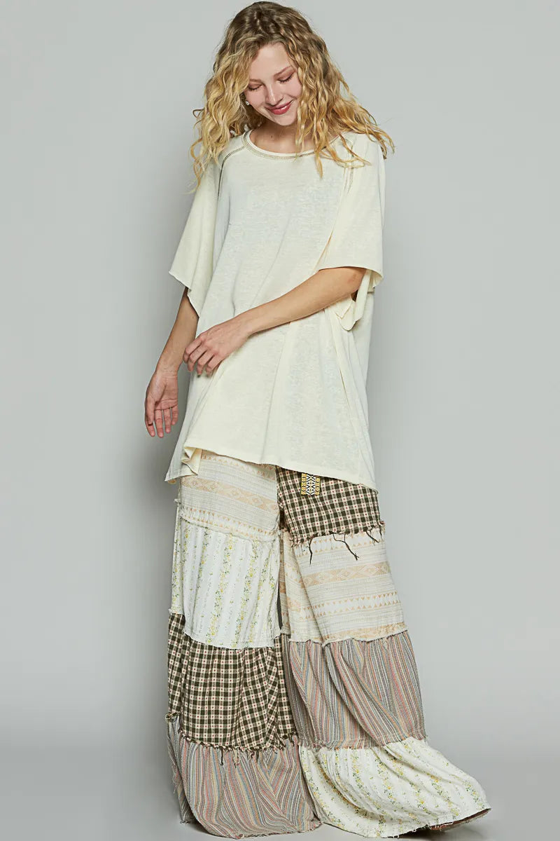 POL Custard Contrast Stitching Jersey Knit Short Sleeve Oversized T-Shirt