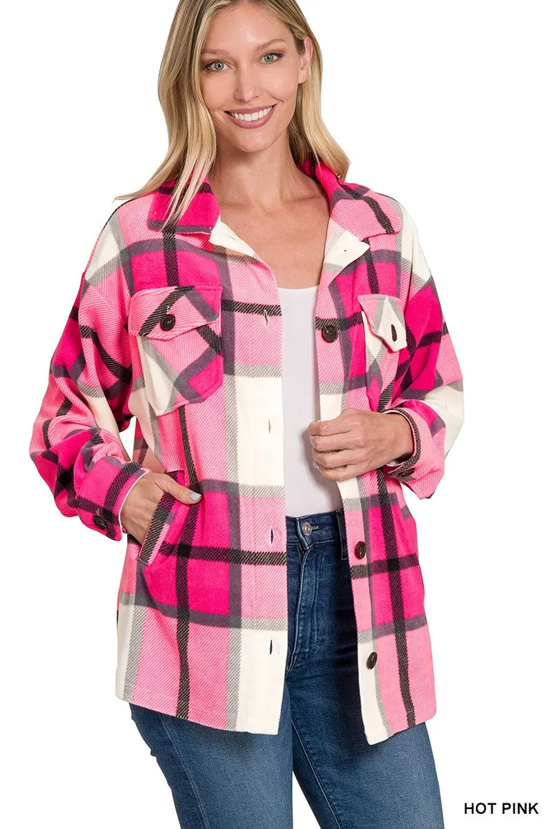 Zenana Hot Pink Oversized Plaid Fleece Shacket