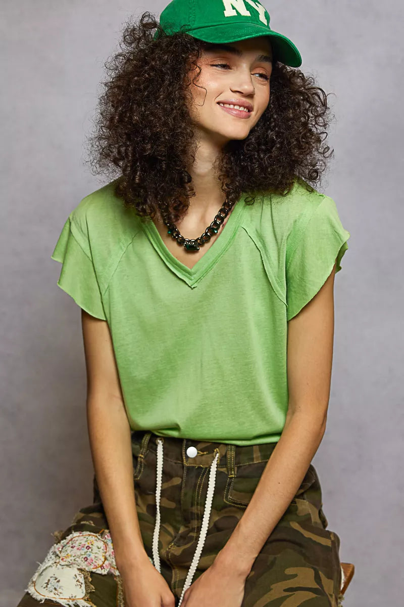 POL Lime V-Neck Short Sleeve T-Shirt with Ruffle Sleeve