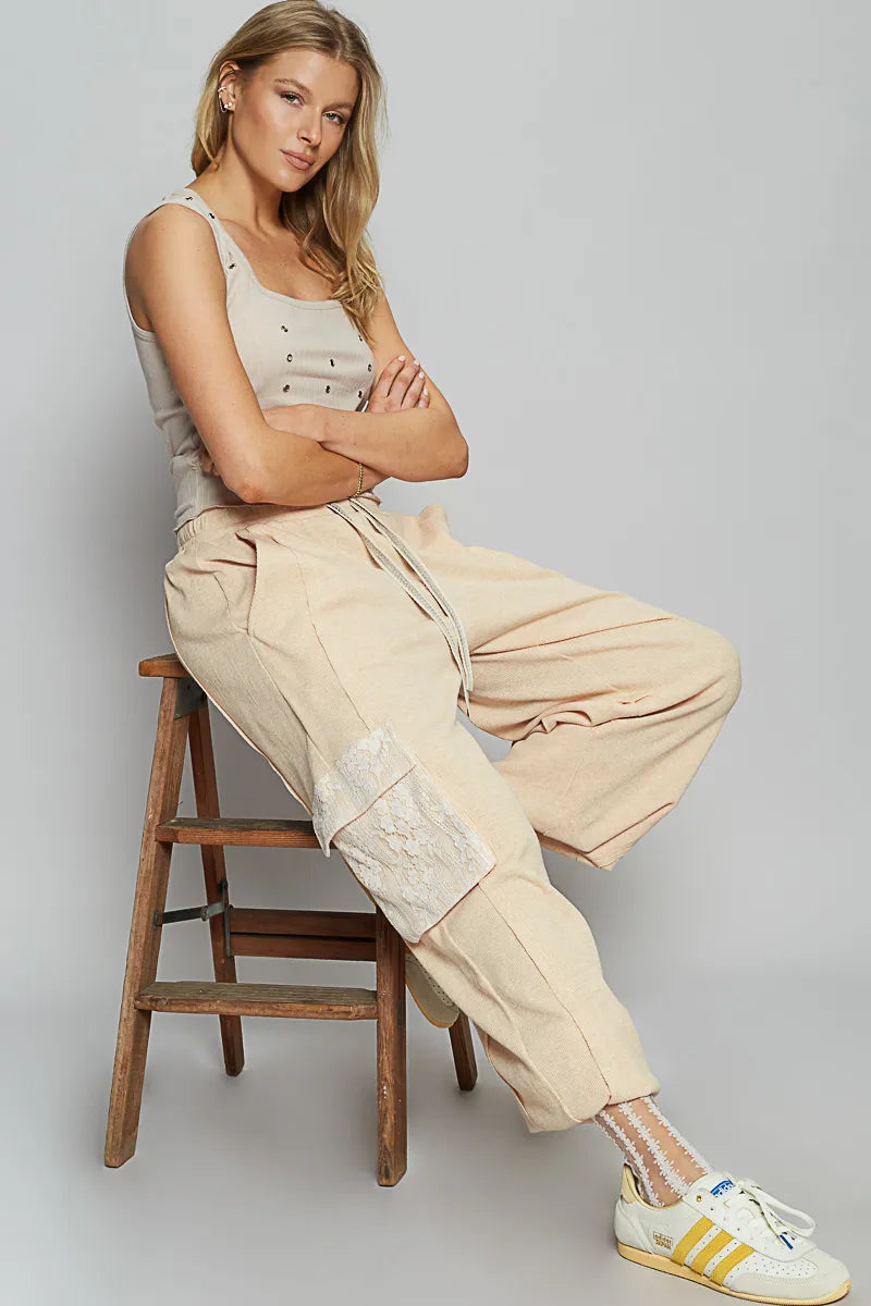 POL Apricot Contrast Lace Overlay Pocket Patch Thermal Knit Joggers