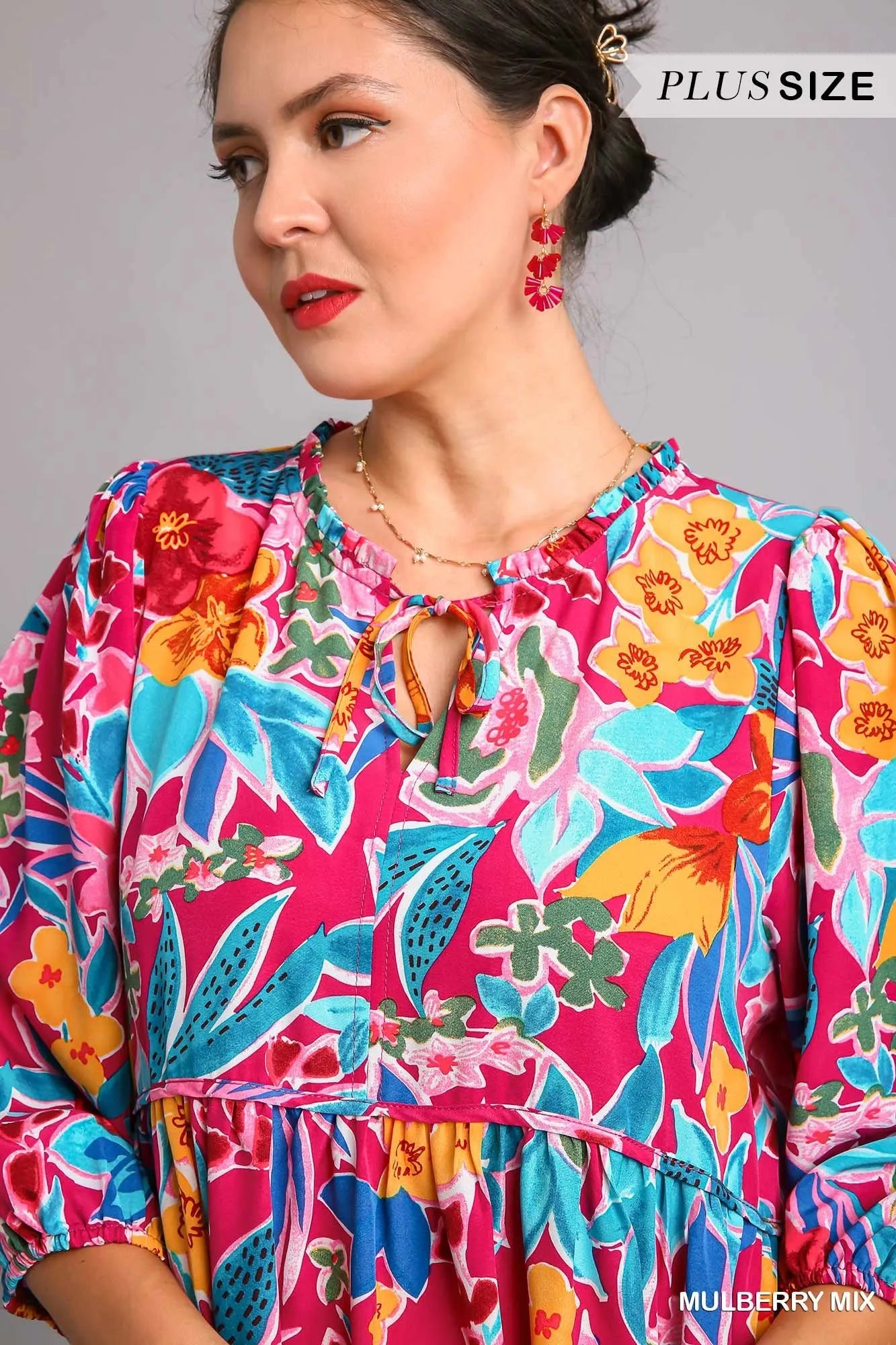 Umgee Mulberry Mix Floral Print Tie Neck Midi Dress with Pockets