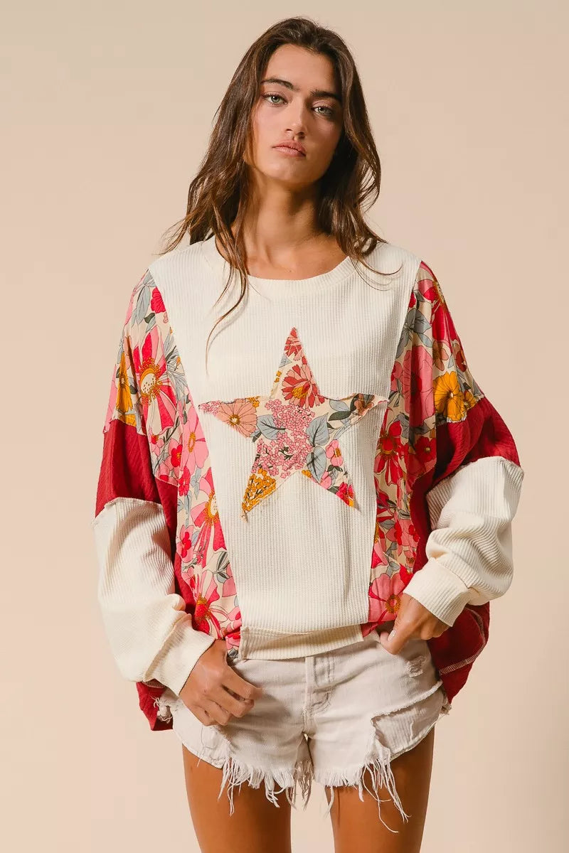 BiBi Floral Print Mixed Star Patch Round Neck Sweatshirt