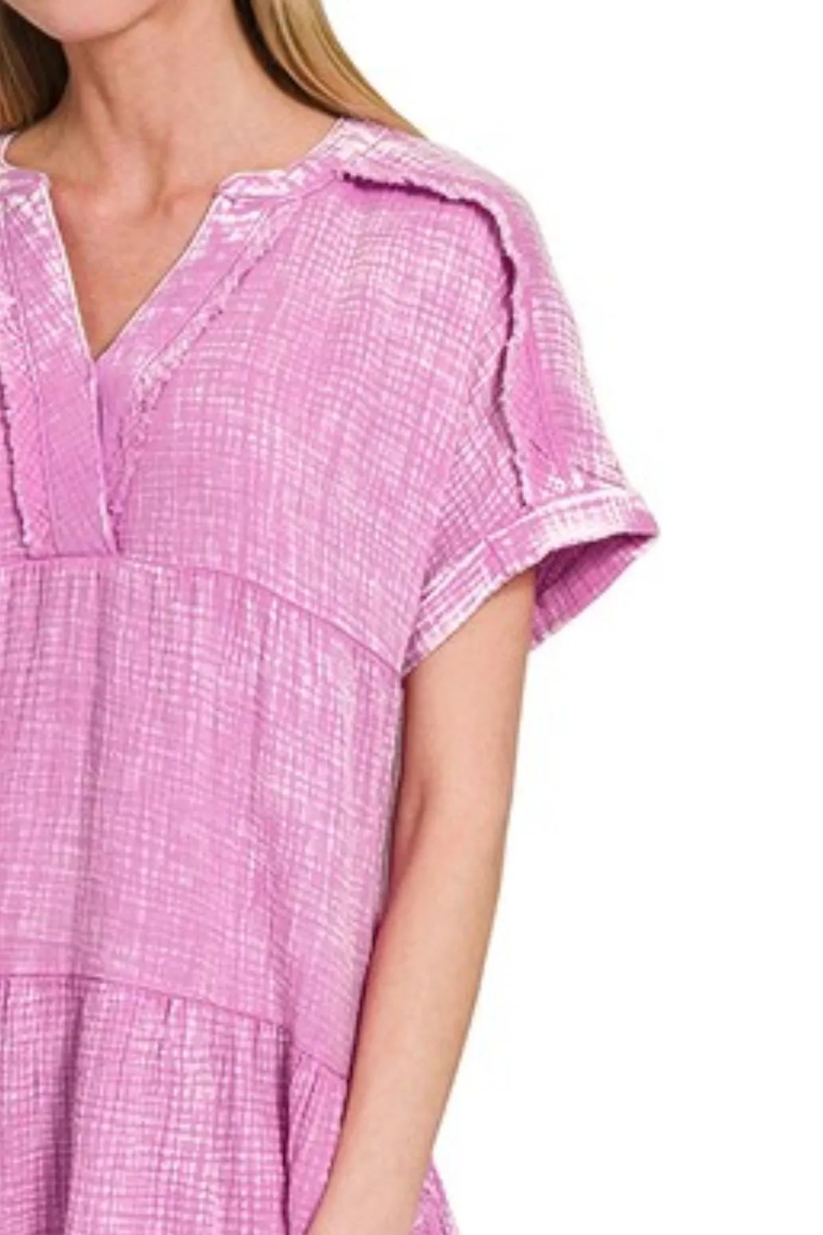 Zenana Bright Mauve Washed Double Gauze Raw Edge V-neck Dress