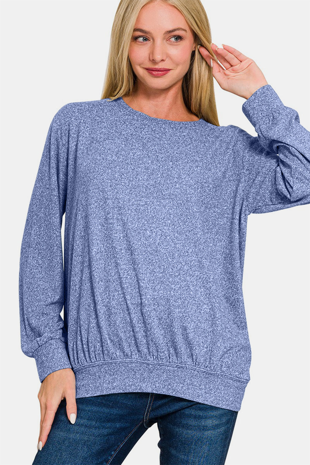Zenana Light Navy Melange Round Neck Top Shirts & Tops