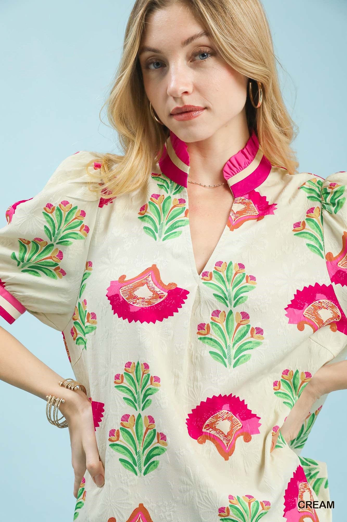 Umgee Cream Floral Print Puff Sleeve Blouse with Contrast Trim