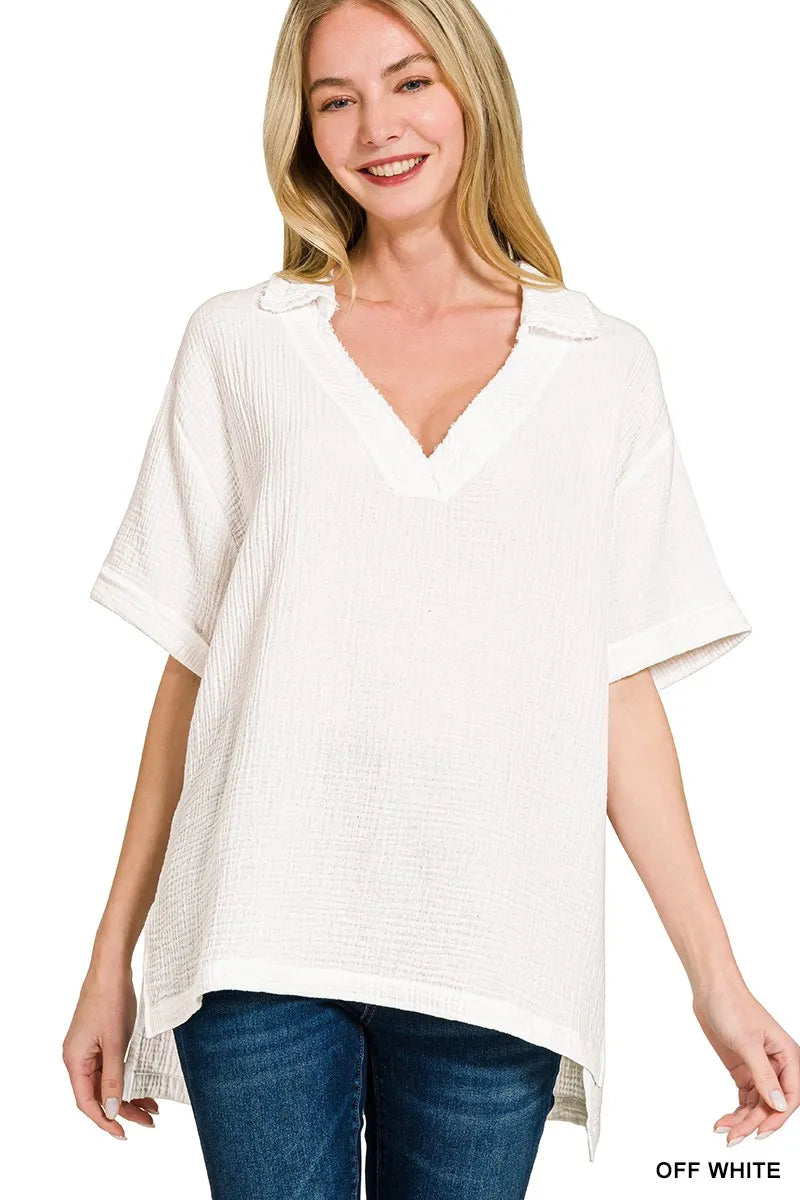 Zenana Double Gauze Short Sleeve High-Low Top OFF WHITE