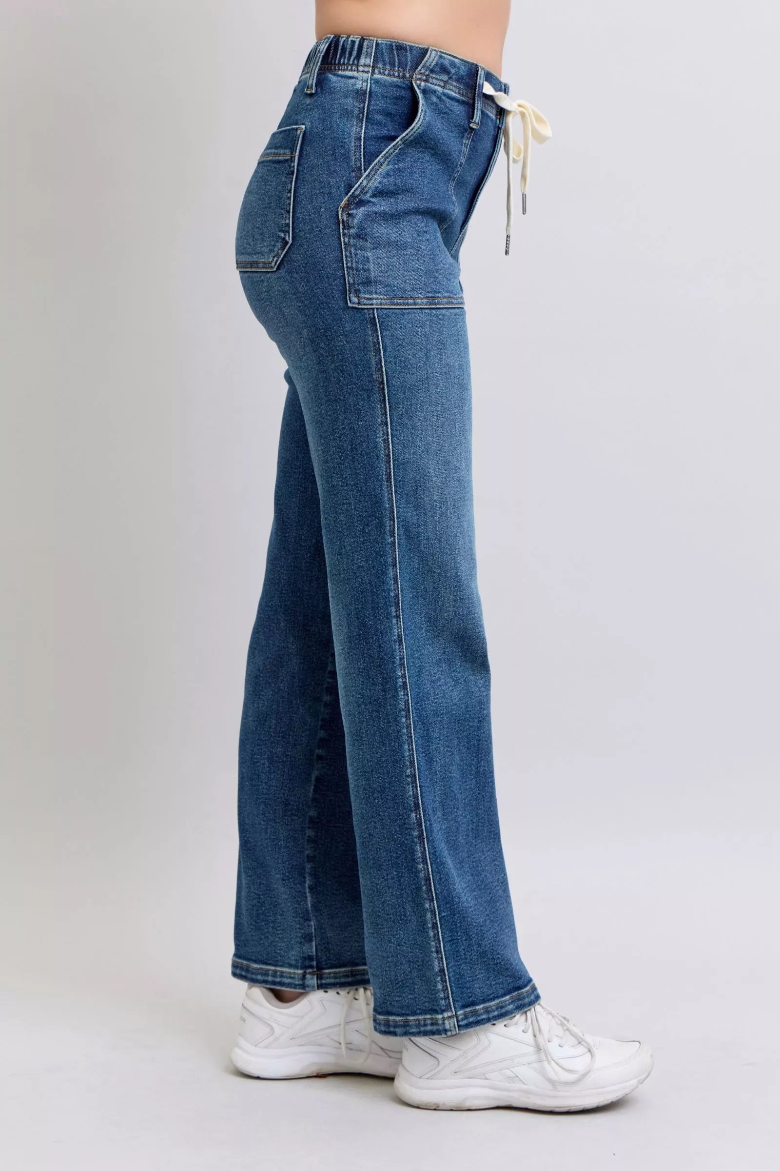 Judy Medium Washed Blue Drawstring Straight Jeans with Pockets