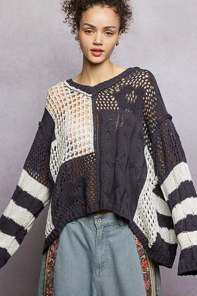 POL Charcoal Color-Blocked Stripe Pattern Knit Top with Twisted Weave
