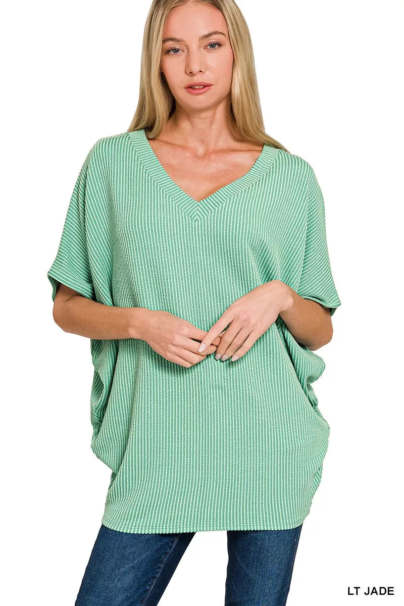 Zenana Light Jade Raised Rib V-Neck Batwing Top LT JADE