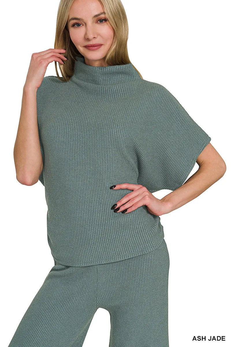 Zenana Ash Jade Mock Neck Sweater Top and Pants Sweater Set