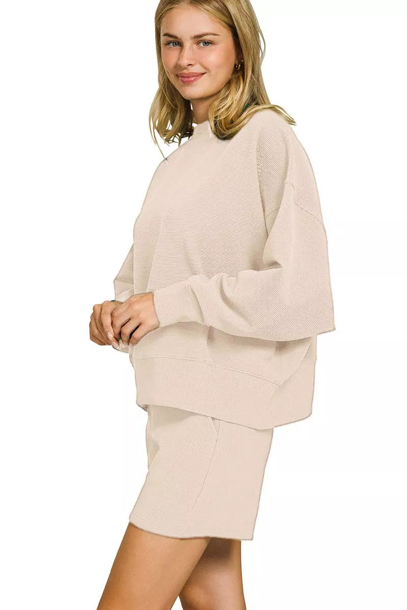 Zenana Sand Beige Ribbed Round Neck Pullover and Shorts Set