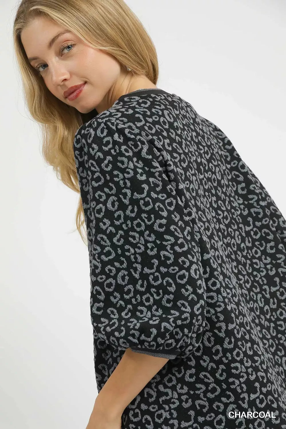 Umgee Charcoal Leopard Print Jacquard Blouse with Puff Sleeves