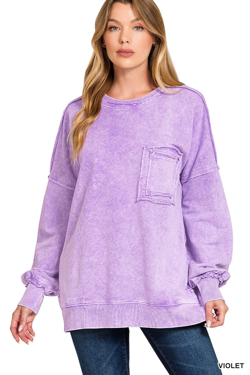 Zenana Violet Halo Washed French Terry Exposed-seam Sweatshirt VIOLET
