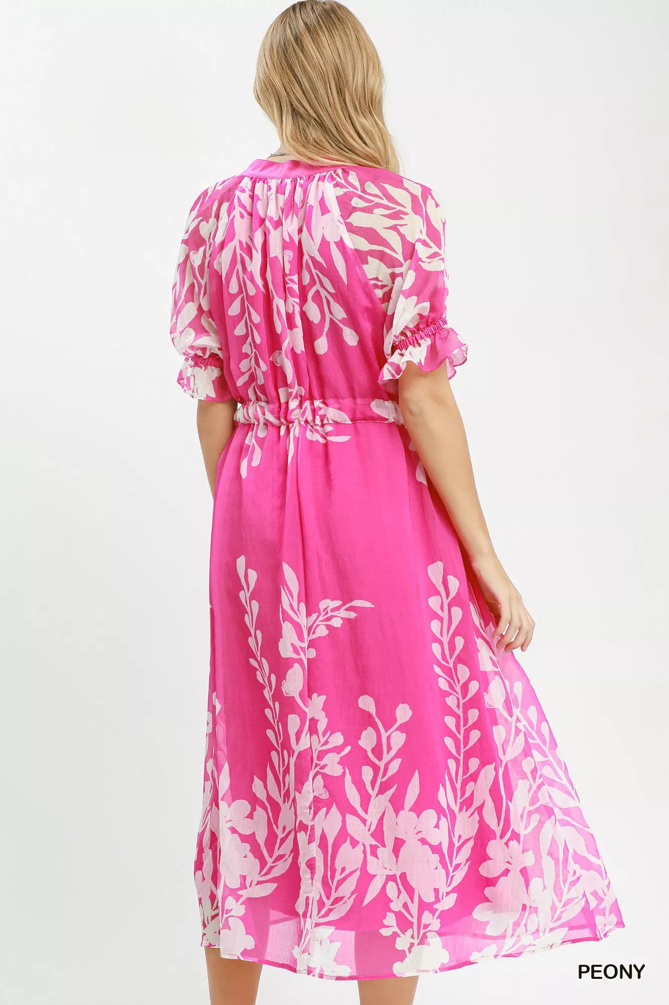 Umgee Peony Print Floral Print Tie Waist Midi Dress with Side Pockets