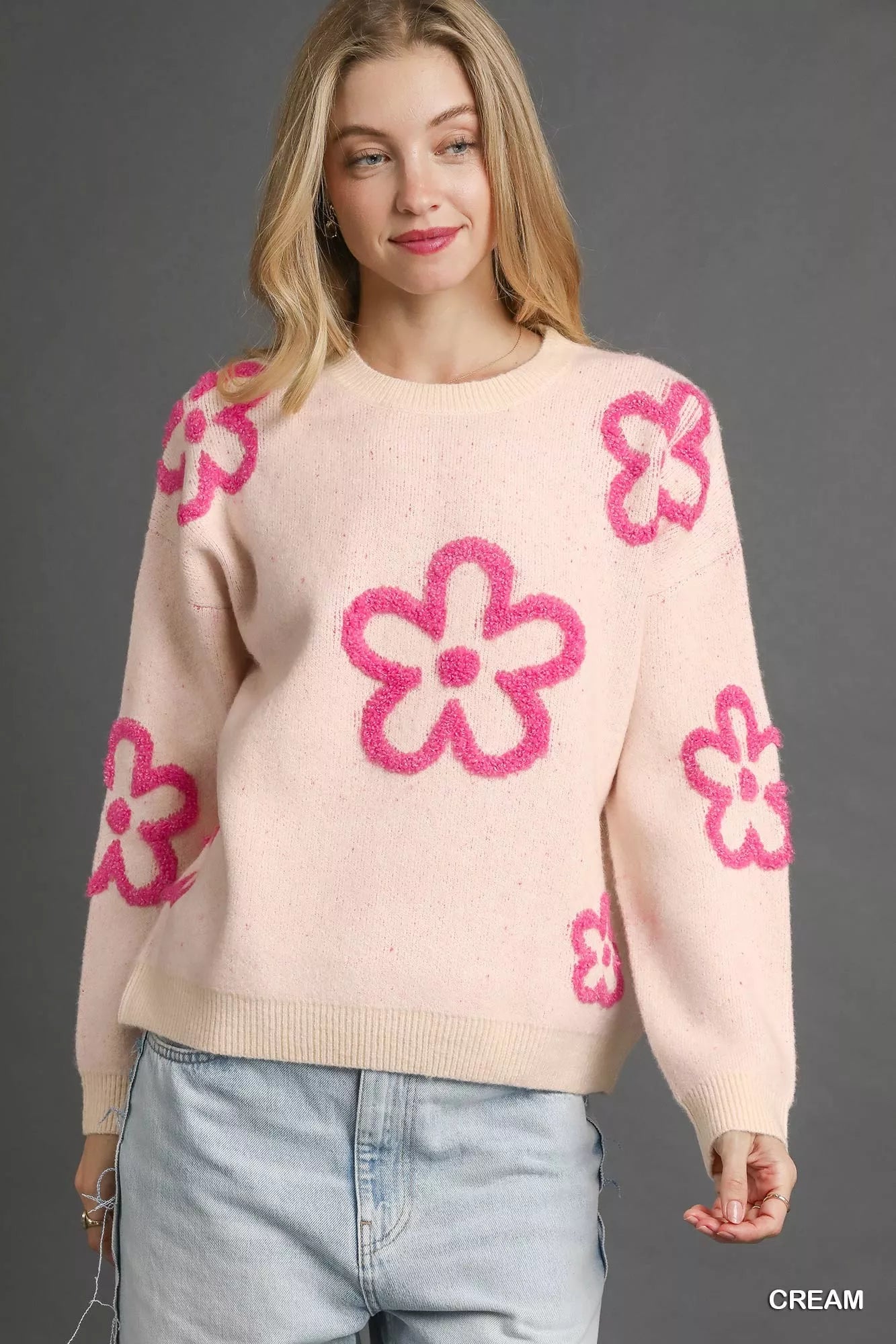 Umgee Cream & Pink Round Neck Sweater with Pink Floral Accents Cream