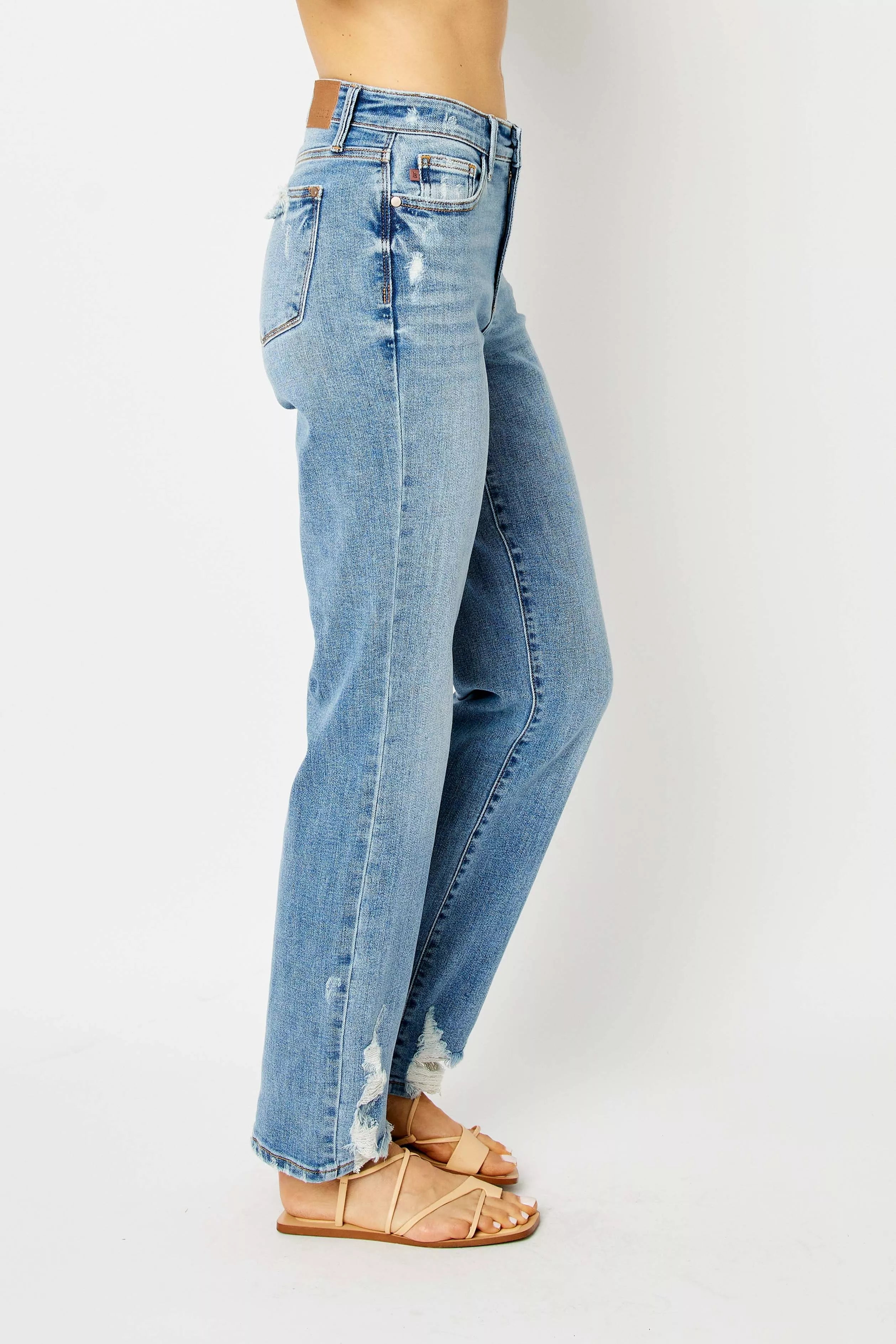 Judy Blue Medium Washed High Waist Straight Jeans with Heavy Destroy Hem