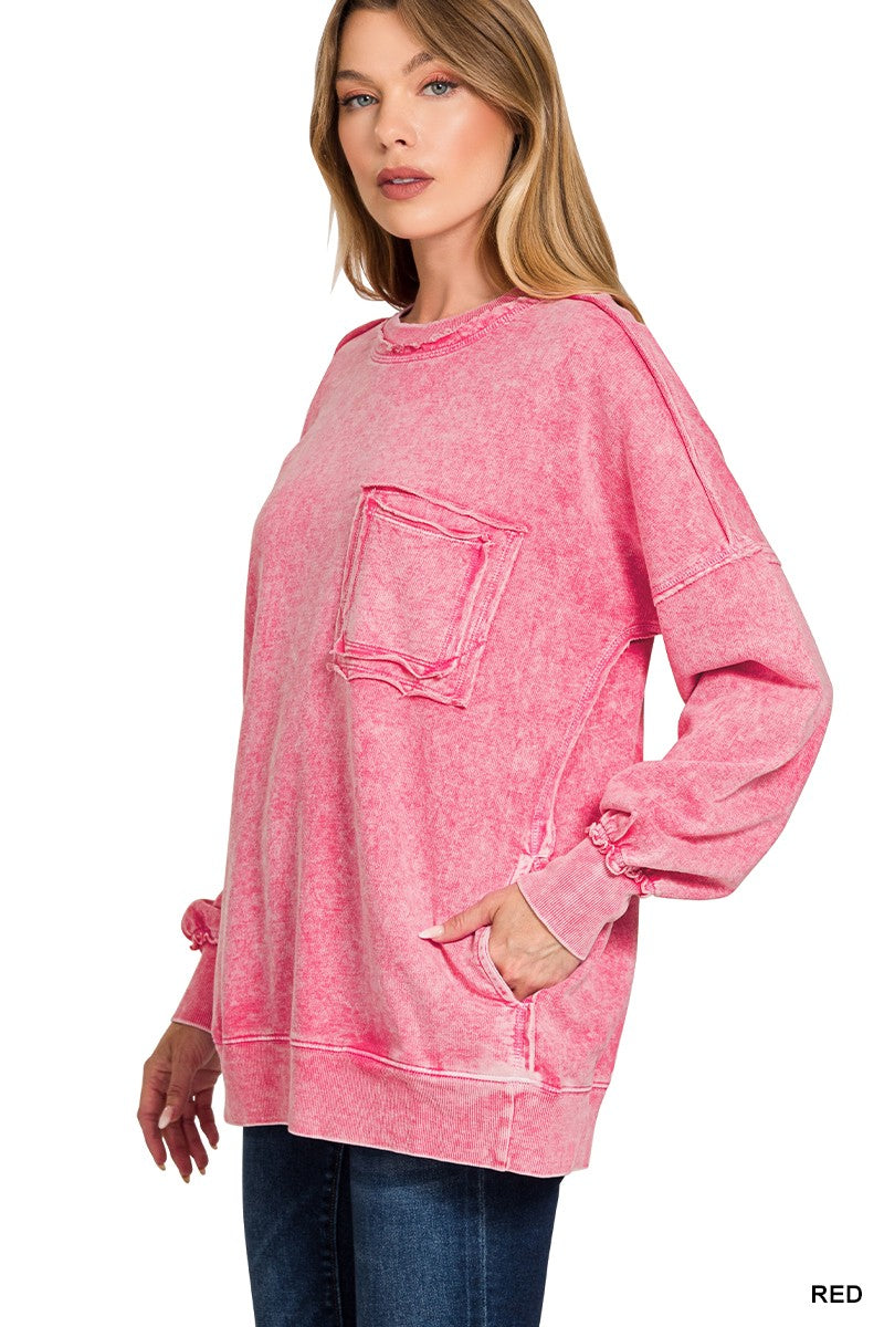 Zenana Red Halo Washed French Terry Exposed-seam Sweatshirt