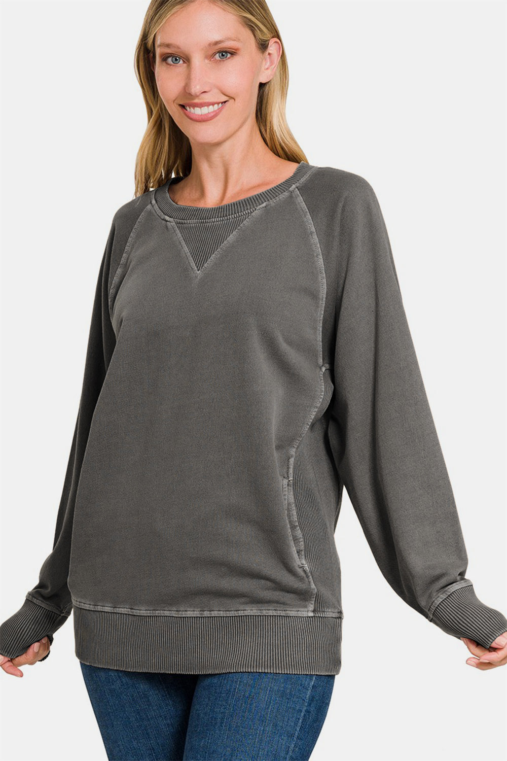 Zenana Washed Black Round Neck Long Sleeve Sweatshirt Shirts & Tops
