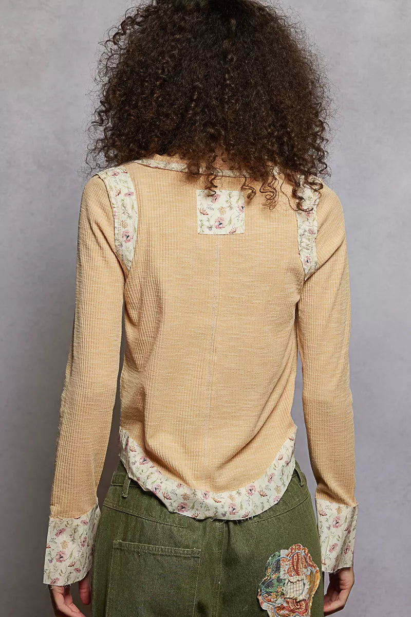 POL Nude Beige Floral Patch V-Neck Long Sleeve Ribbed Top