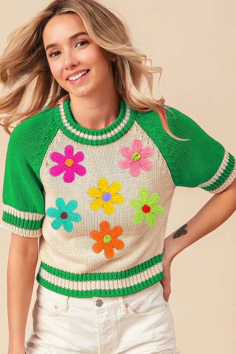 BiBi Jade Crochet Flower Patches Striped Rib Band Sweater JADE