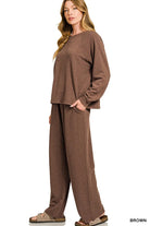 Zenana Brown Slub Long Sleeve Top and Pants Lounge Set