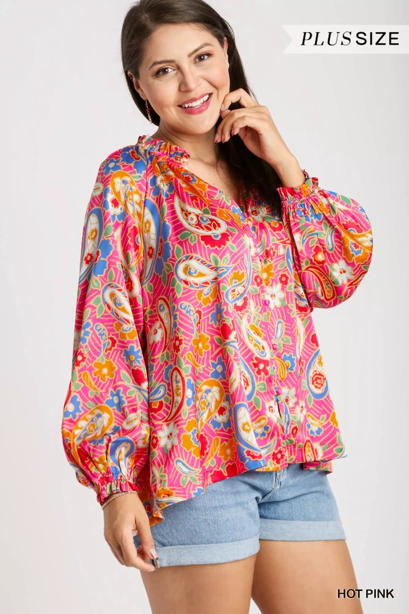 Umgee Hot Pink Satin Paisley FloralRuffle Neck Button-Up Blouse