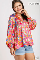 Umgee Hot Pink Satin Paisley FloralRuffle Neck Button-Up Blouse