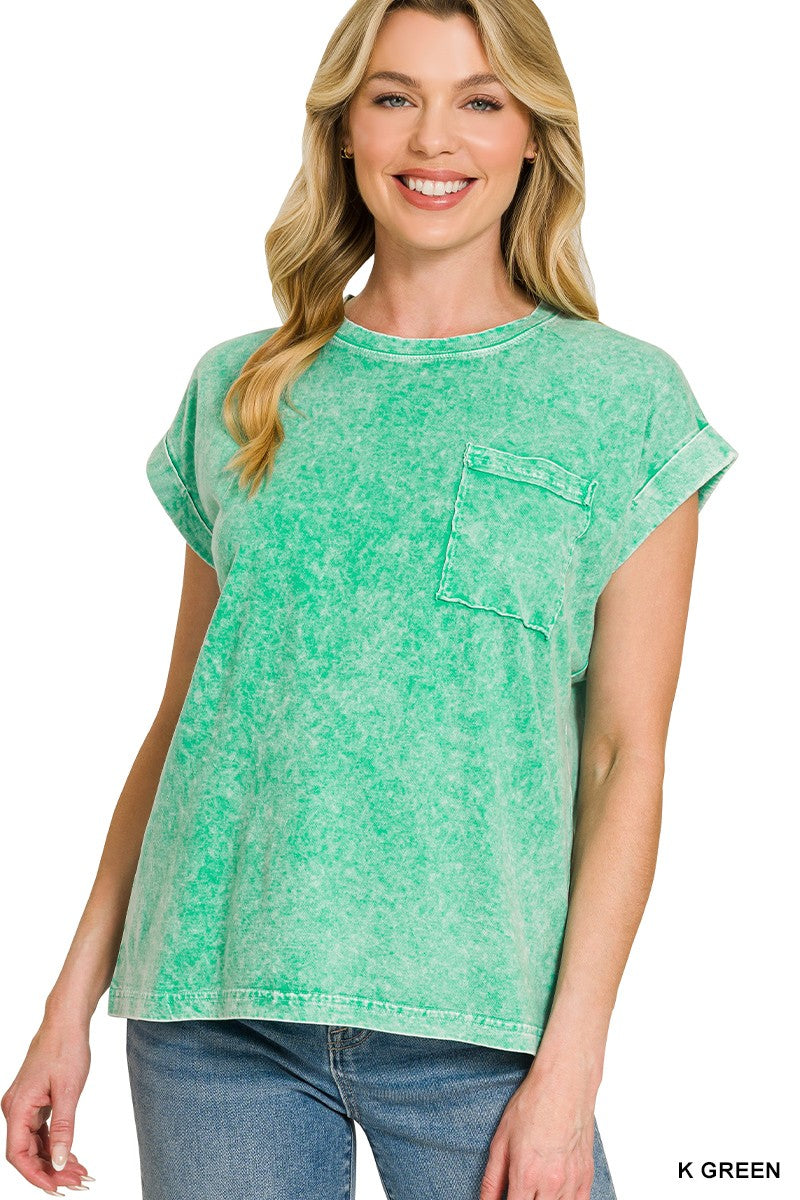 Zenana Kelly Green Halo Snow Washed Cuffed Short Sleeve Tee K GREEN