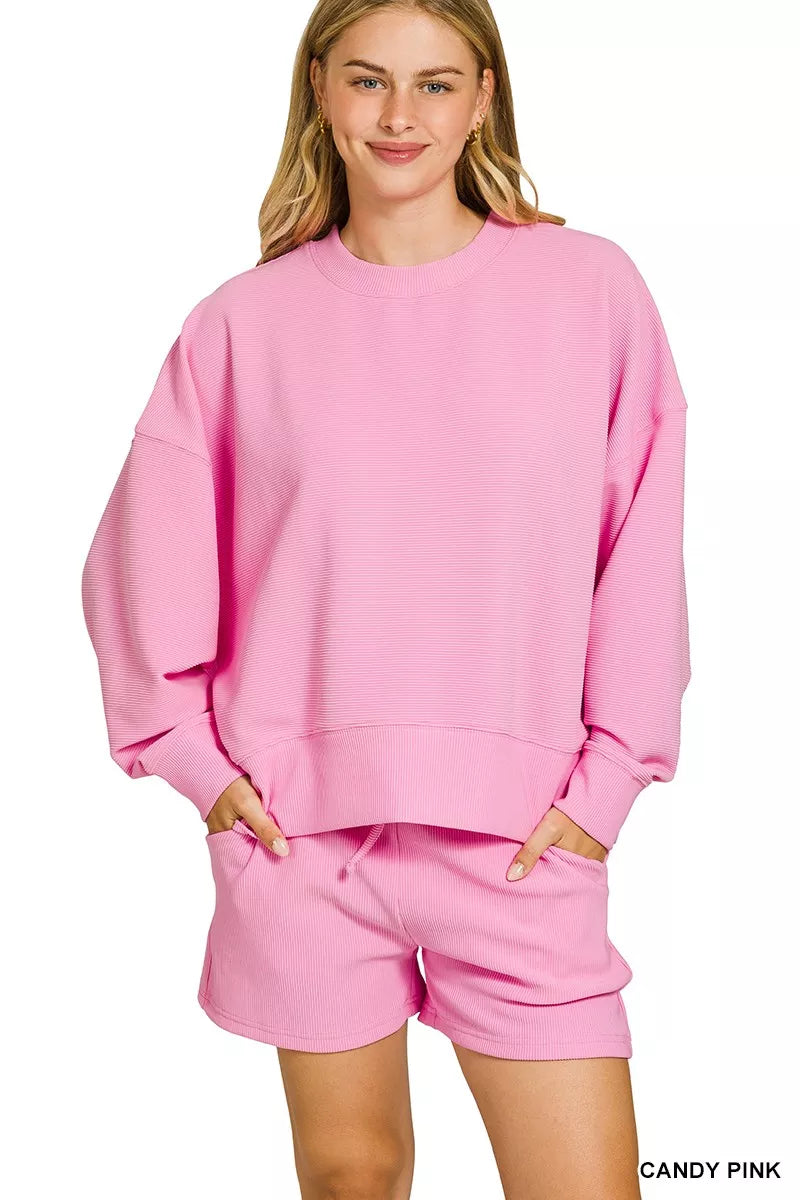 Zenana Candy Pink Ribbed Round Neck Pullover and Shorts Set
