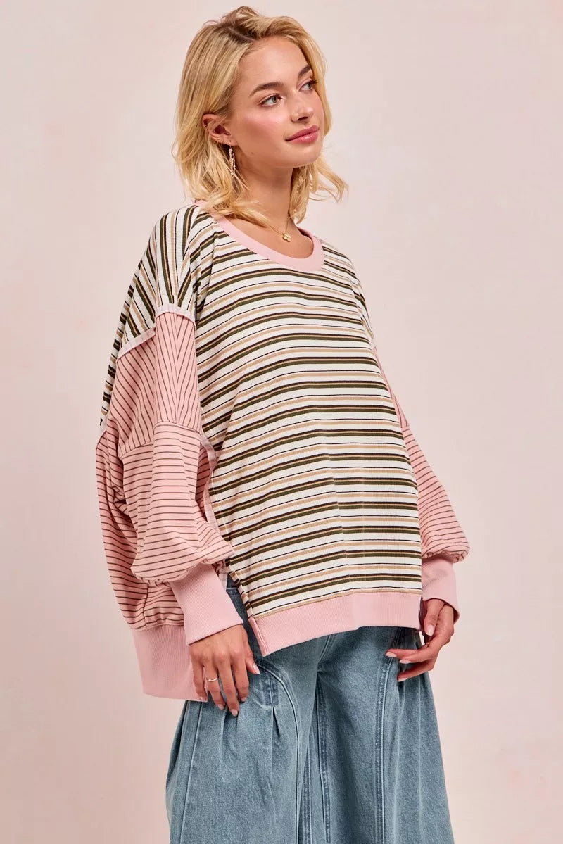 BiBi Oatmeal & Pink Stripe Mixed Top With Cut Edge And Reverse Outseams