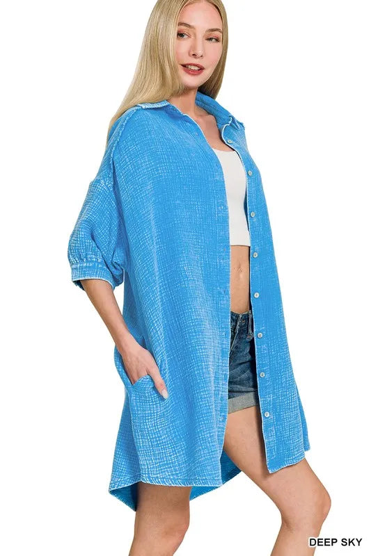 Zenana Deep Sky Washed Double Gauze Button Down Shirt Dress