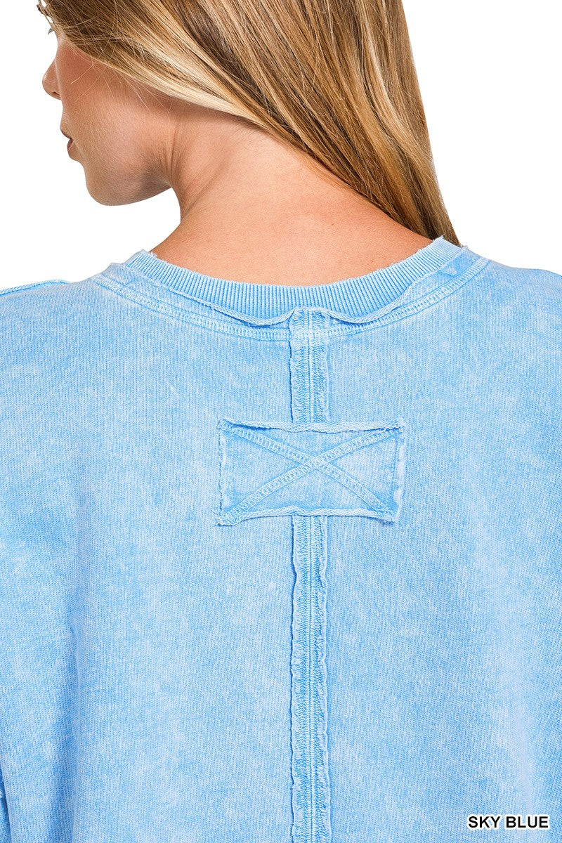 Zenana Sky Blue Halo Washed French Terry Exposed-seam Sweatshirt