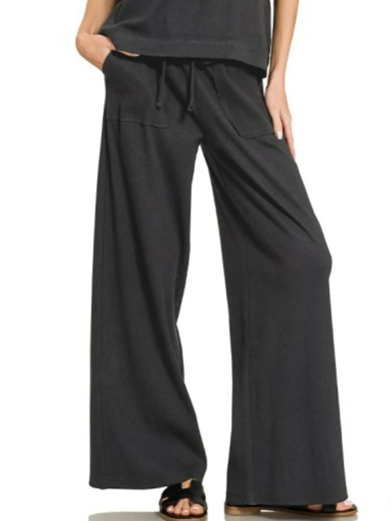 Zenana Black Ribbed Short Sleeve Tee and Pants Set