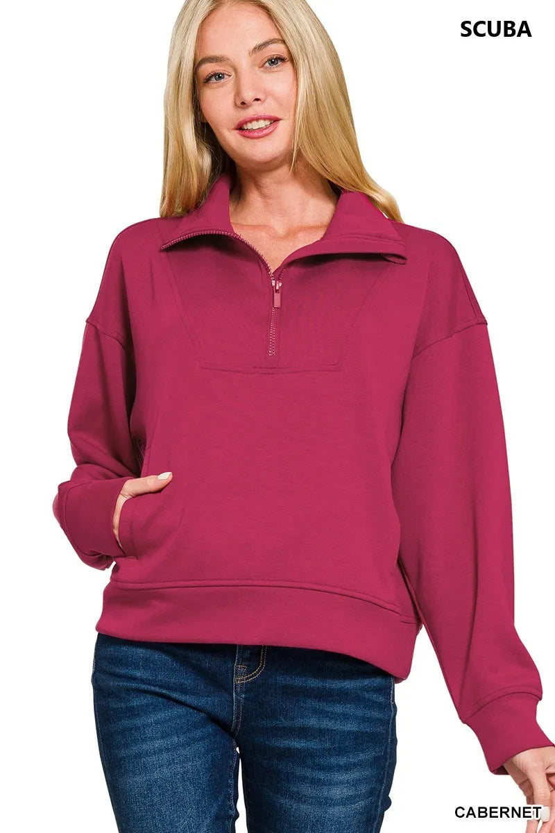 Zenana Cabernet Scuba Quarter-Zip Long Sleeve Sweatshirt