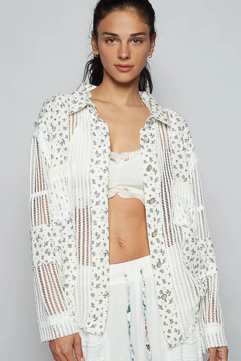 POL White Floral Crochet Patchwork Long Sleeve Shirt