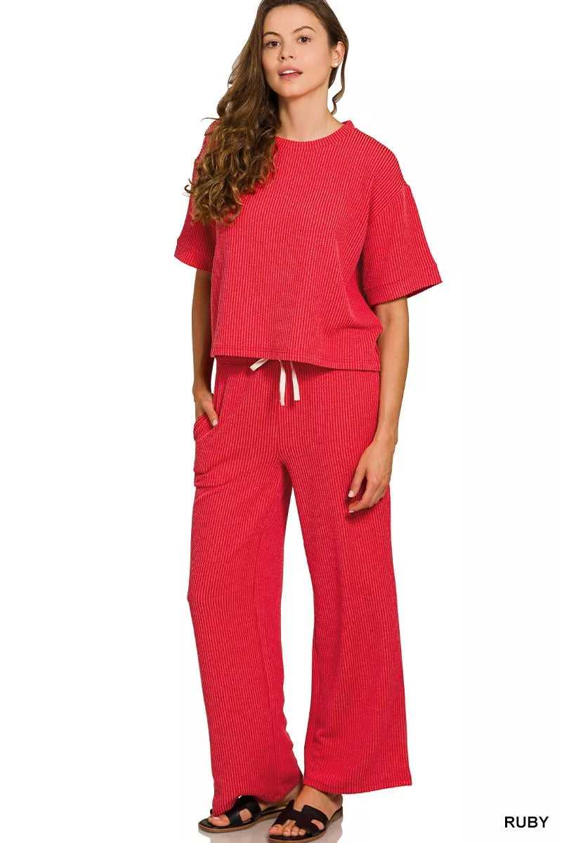 Zenana Ruby Raised Rib Short Sleeve Tee & Pants Set