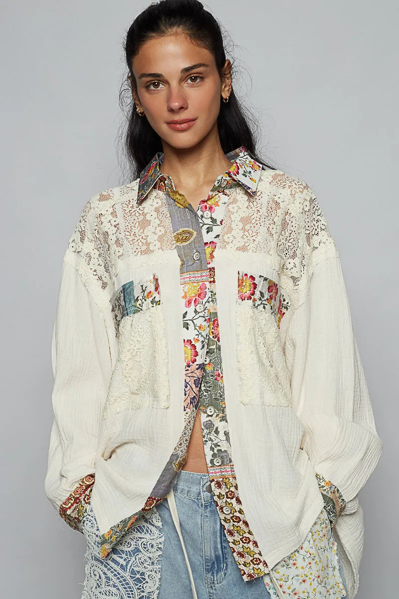 POL Ivory Multi Lace Patchwork Floral Trim Double Gauze Long Sleeve Shirt
