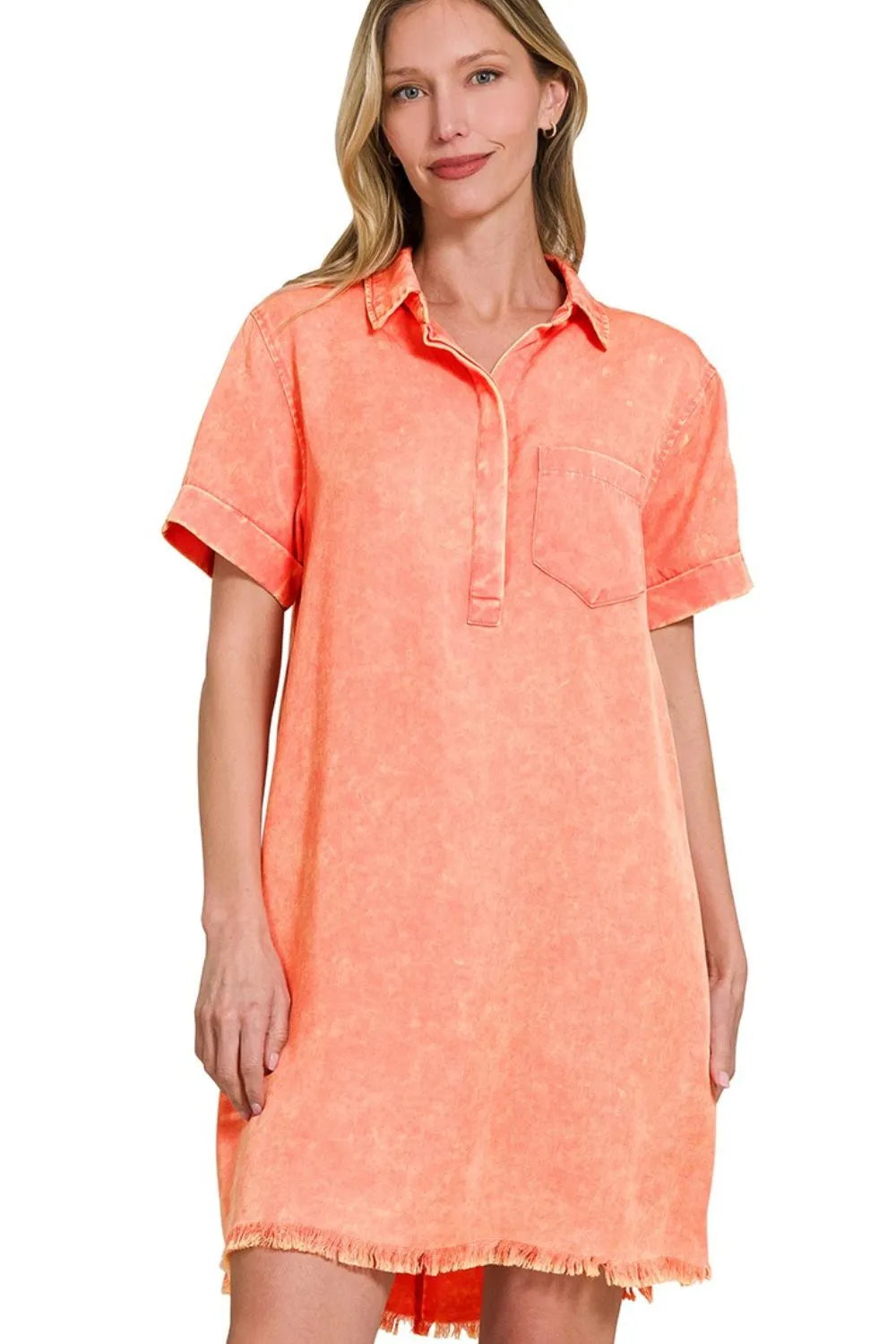 Zenana Coral Tencel Mineral Washed Collared Shirts Dress