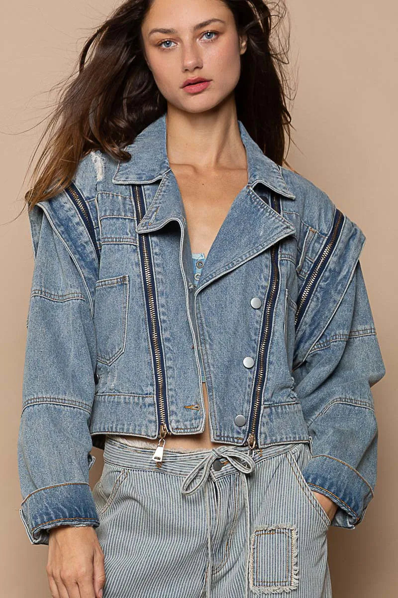 POL Dusty Blue Cropped Denim Jacket with Functional Zipper Detail Dusty Blue