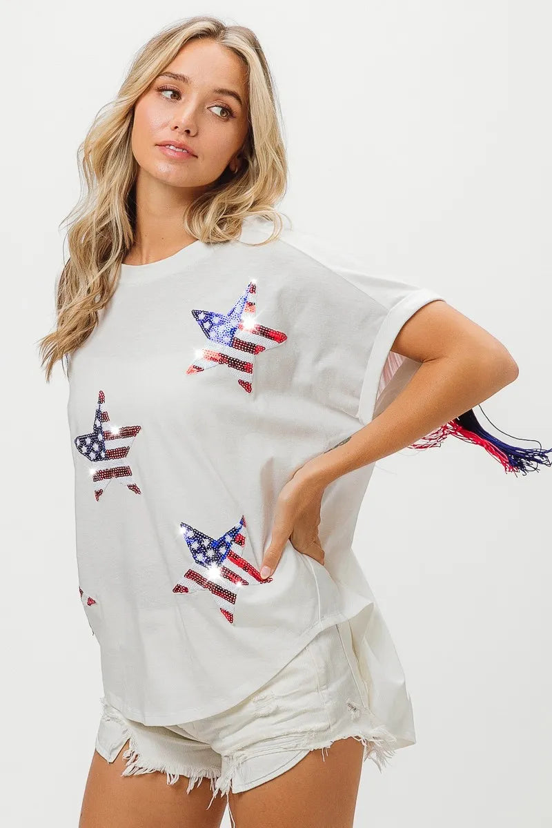 BiBi American Flag Sequin Star Fringe Top