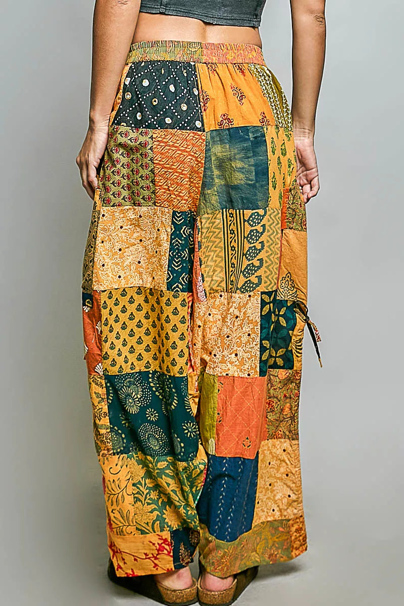 POL Honey Multi Printed Patchwork Wide Leg Pants with Adjustable Side Drawstring