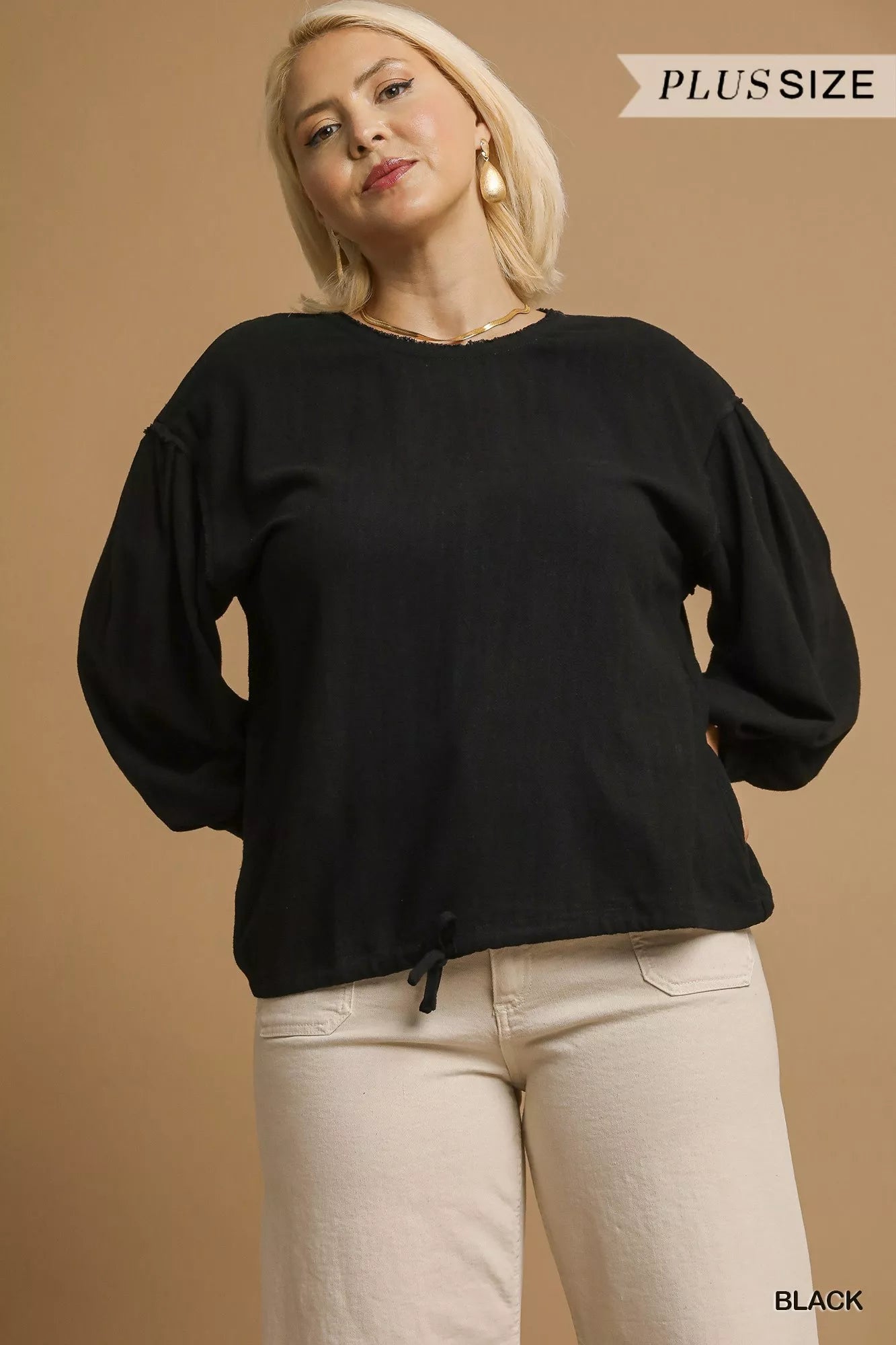 Umgee Black Linen Long Sleeve Top with Drawstring