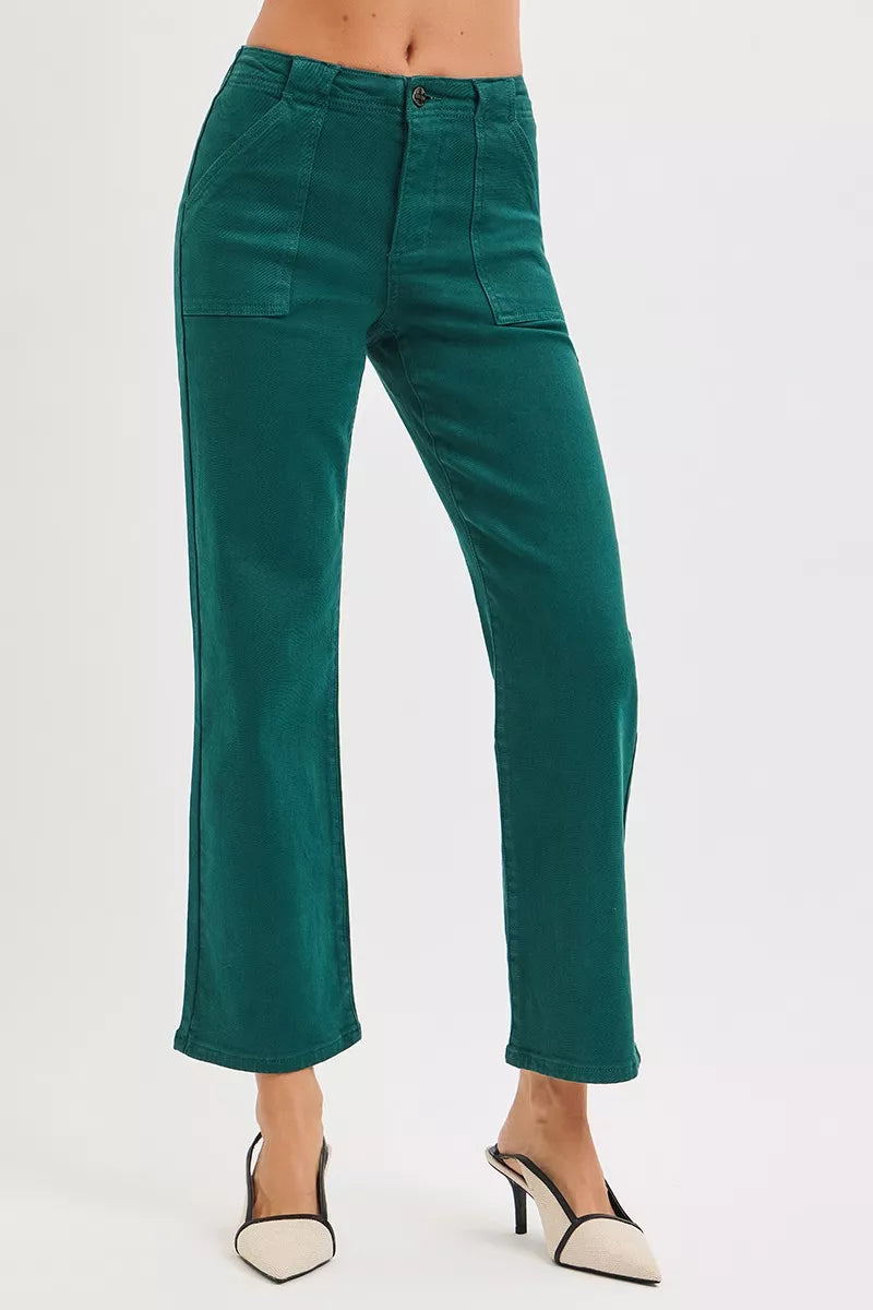 RISEN Hunter Green High Rise Ankle Flare Patch Pocket Jeans