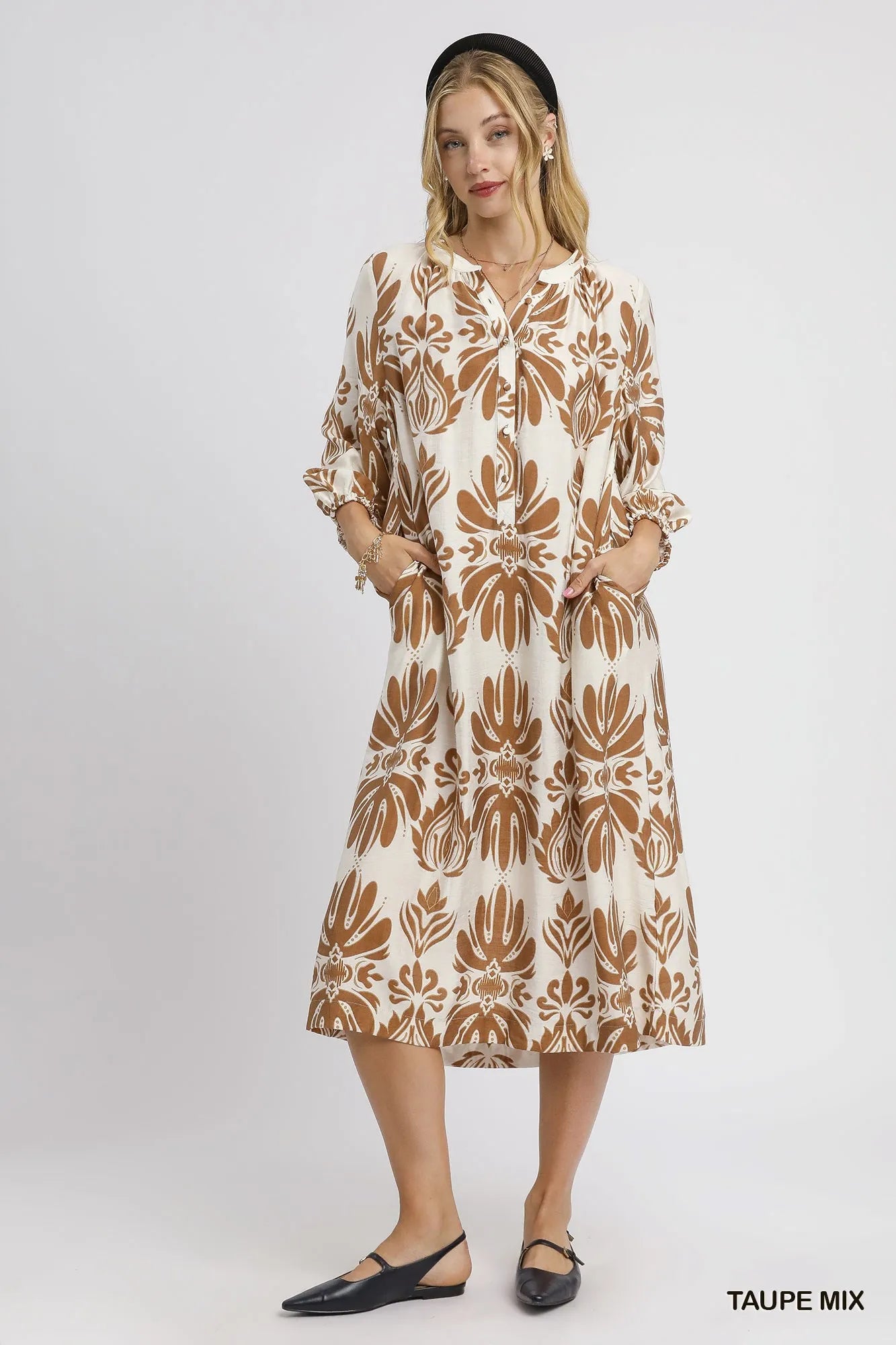 Umgee Taupe Mix Abstract Floral Print Midi Dress