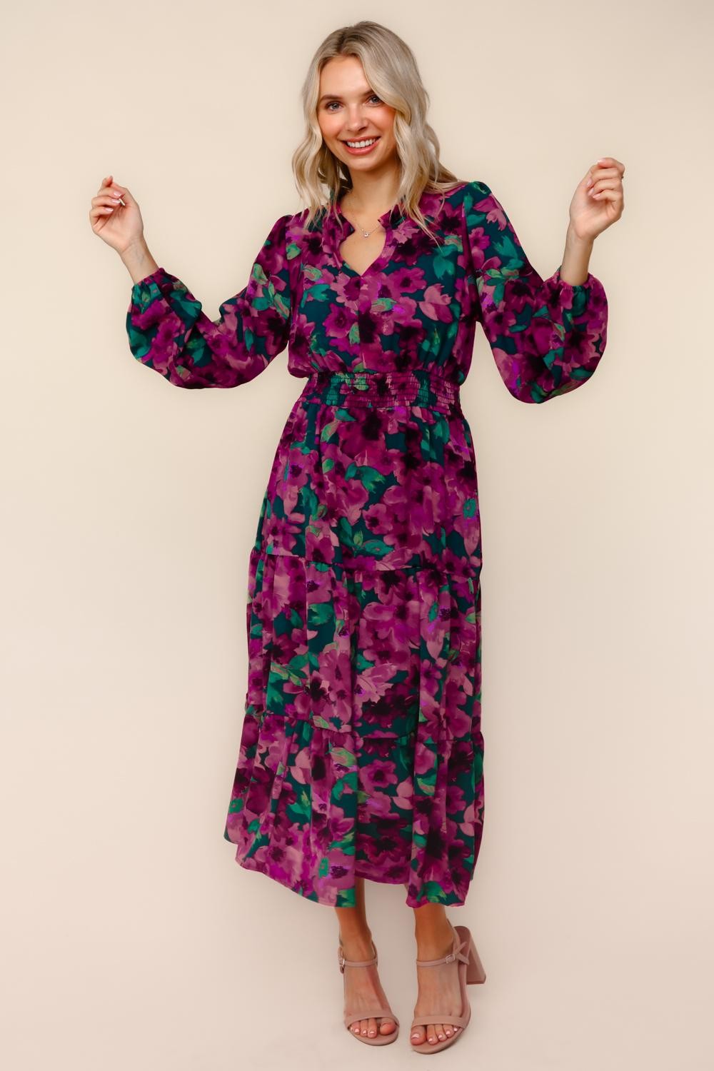 Haptics Watercolor Floral Fit And Flare Smocked Waist Maxi Dress