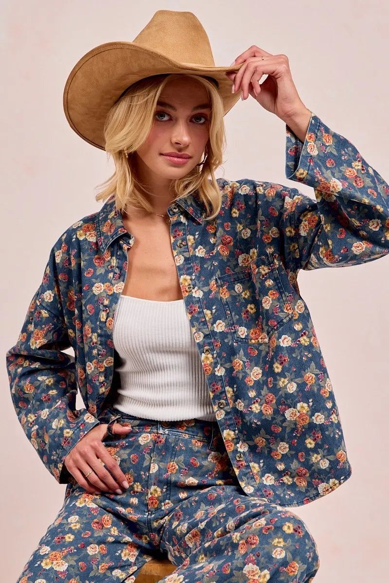BiBi Washed Floral Print Denim Jacket