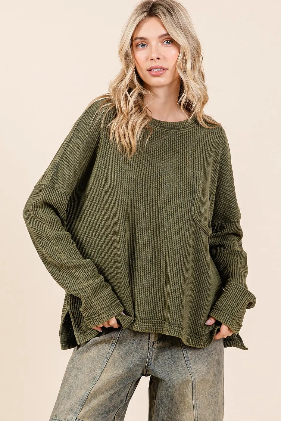 Mittoshop Olive Mineral Wash Cutout Pocket Long Sleeve Waffle Knit Top