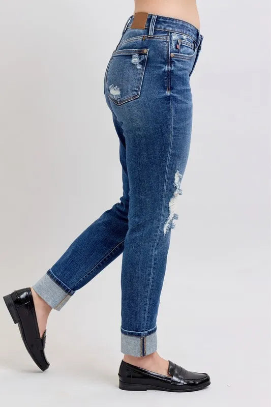 Judy Blue Dark Washed Midi Rise Boyfriend Destroyed Jeans with Yoke Pockets and Faux Selvedge Cuff
