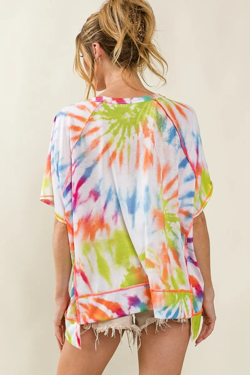 BiBi Tie Dye Print Jersey Stitched Uneven Hem Top
